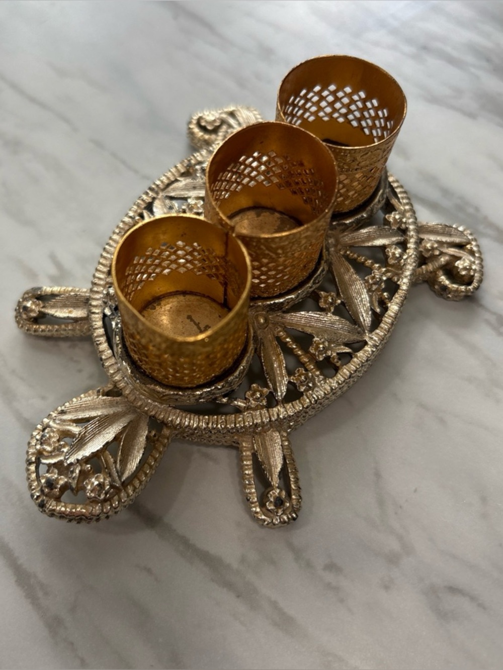 Vtg MCM SF Gold Tone Filigree Turtle Lipstick Vanity Holder